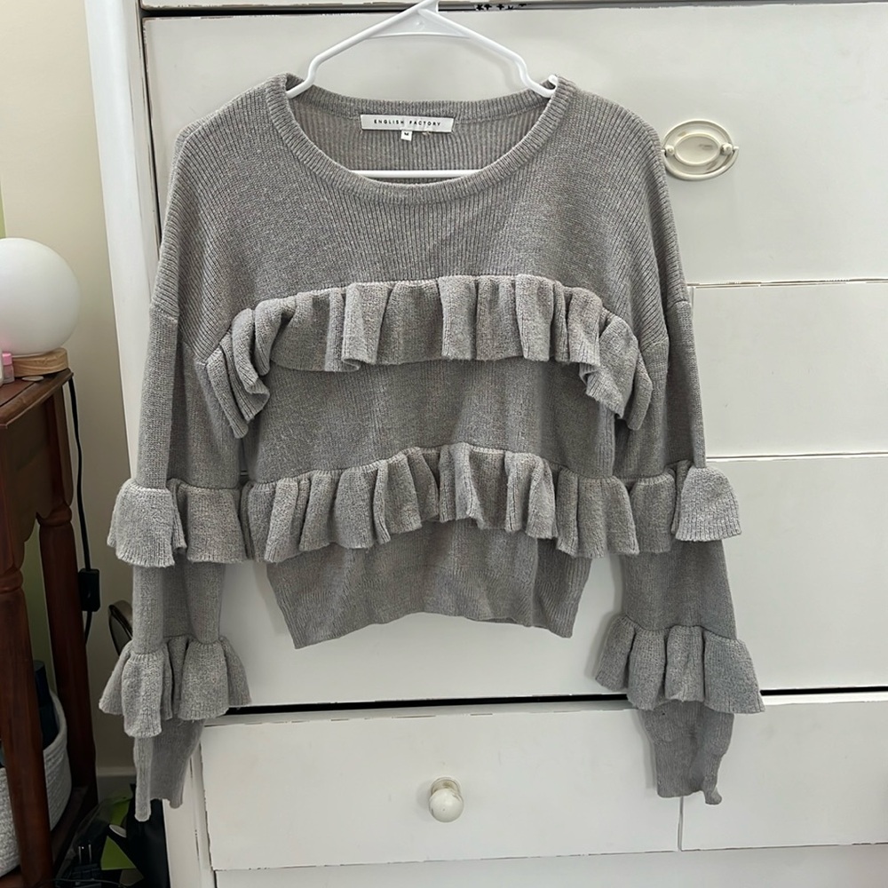 English Factory cropped grey ruffle knit.
